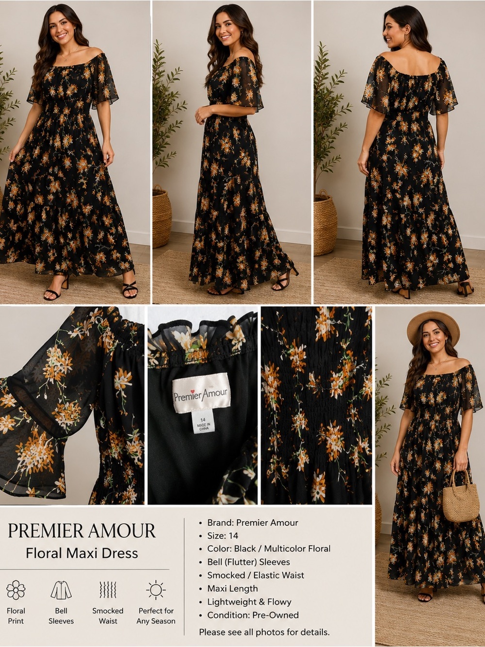Premier Amour Black Floral Print long dress